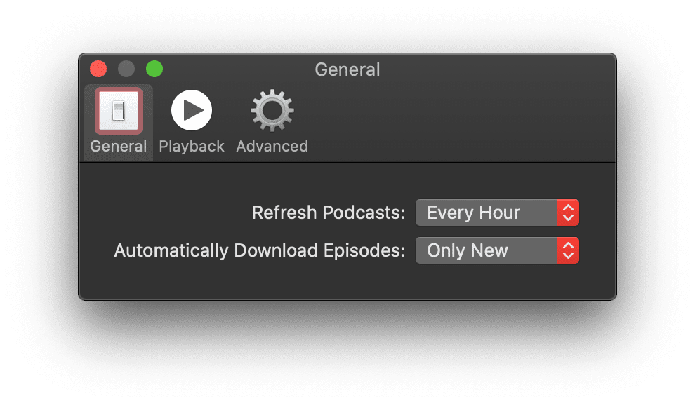 תפריט ההגדרות של אפליקציית Podcasts בקטע 'כללי', שבו האפשרות 'רענון פודקאסטים' מוגדרת כ'כל שעה'.