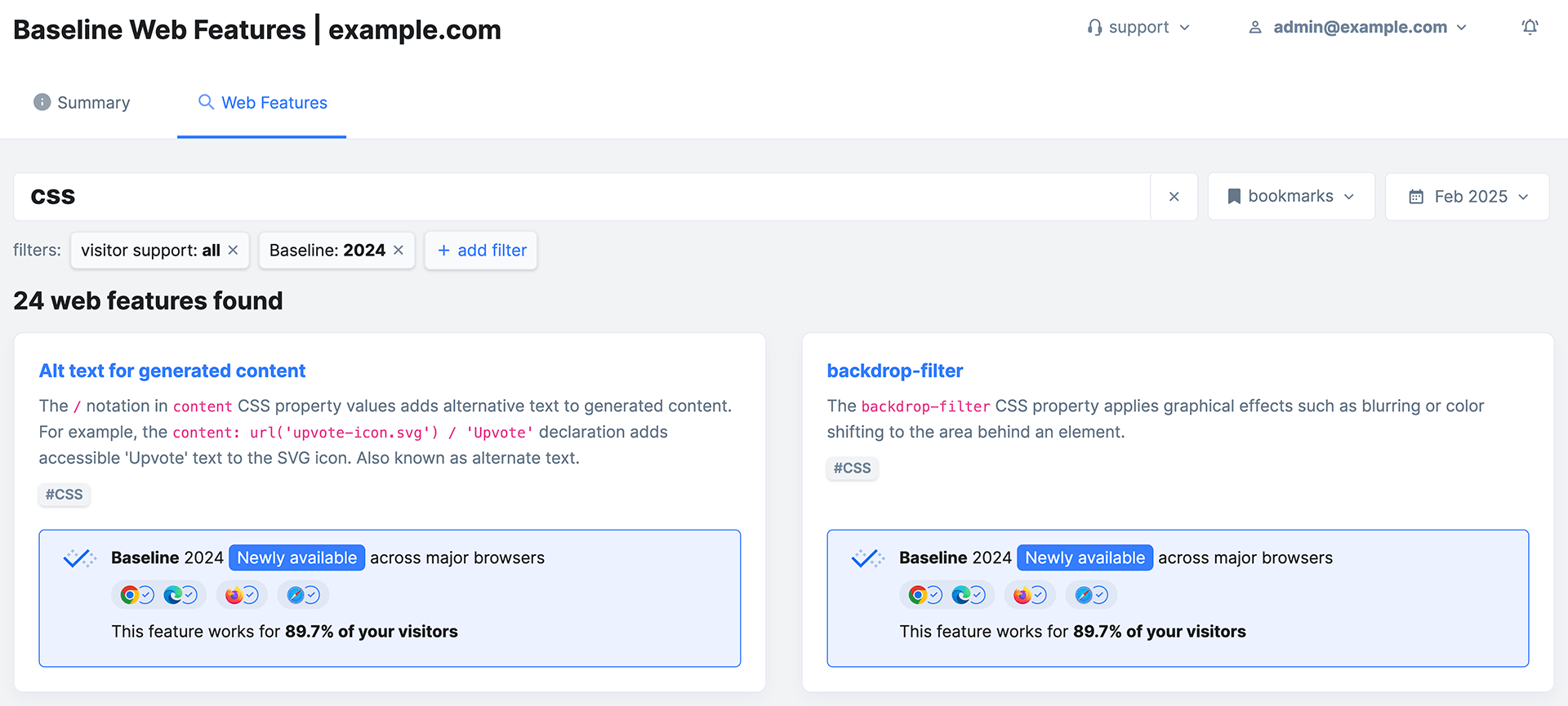 A implementação da Baseline do RUMvision pode mostrar suporte a recursos da Web no painel do produto, permitindo que os usuários pesquisem dados de suporte reais para recursos da Web discretos ou por conjuntos de recursos da Baseline.