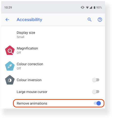 صفحه تنظیمات Android با کادر انتخاب «حذف انیمیشنها» علامتگذاری شده است.