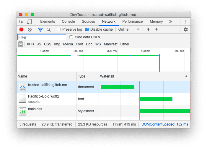 套用預先載入功能後,Chrome 開發人員工具「網路」面板的螢幕截圖。