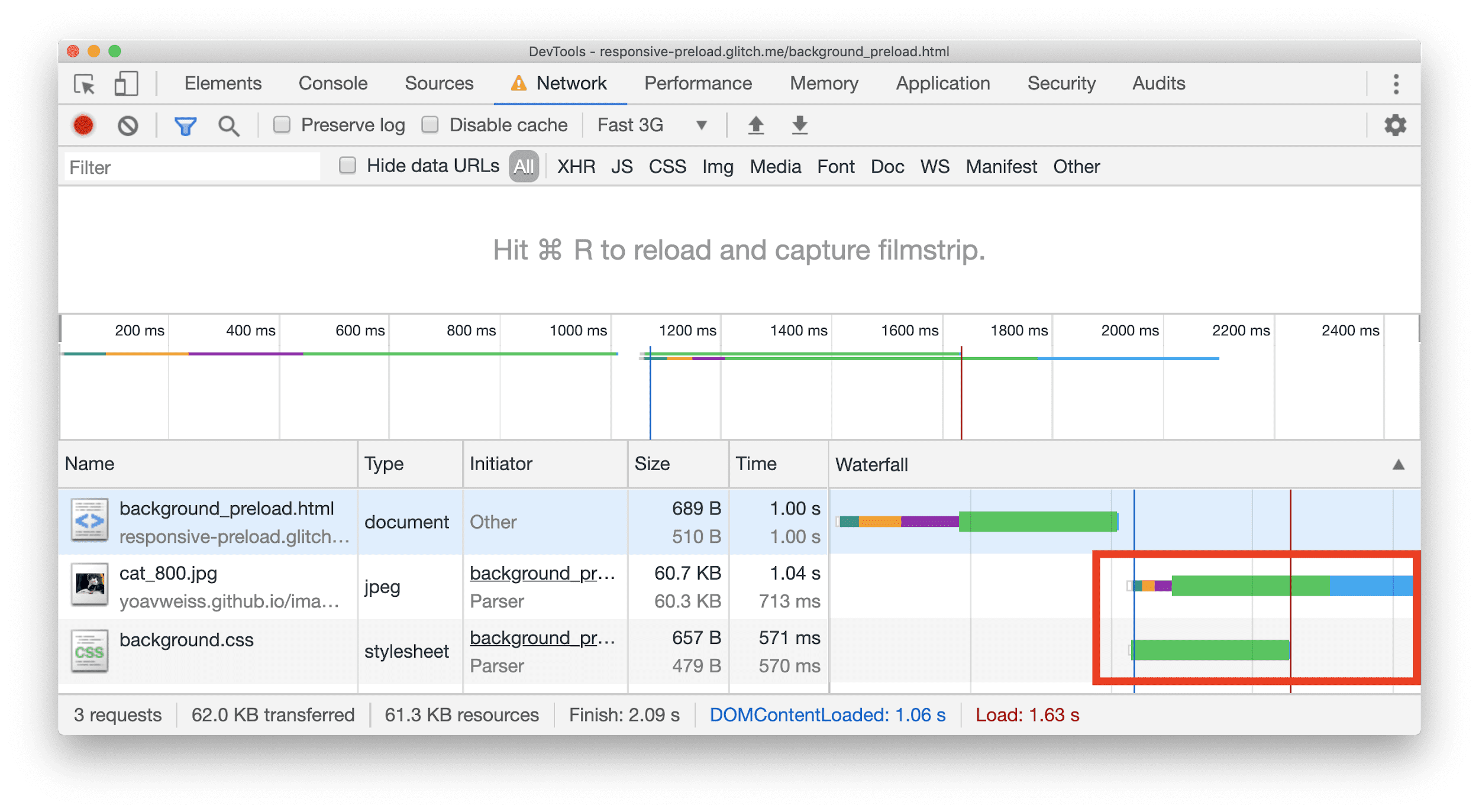 Bazı CSS'lere paralel olarak JPEG kaynağının indirildiği bir şelaleyi gösteren Chrome Geliştirici Araçları Ağ paneli.