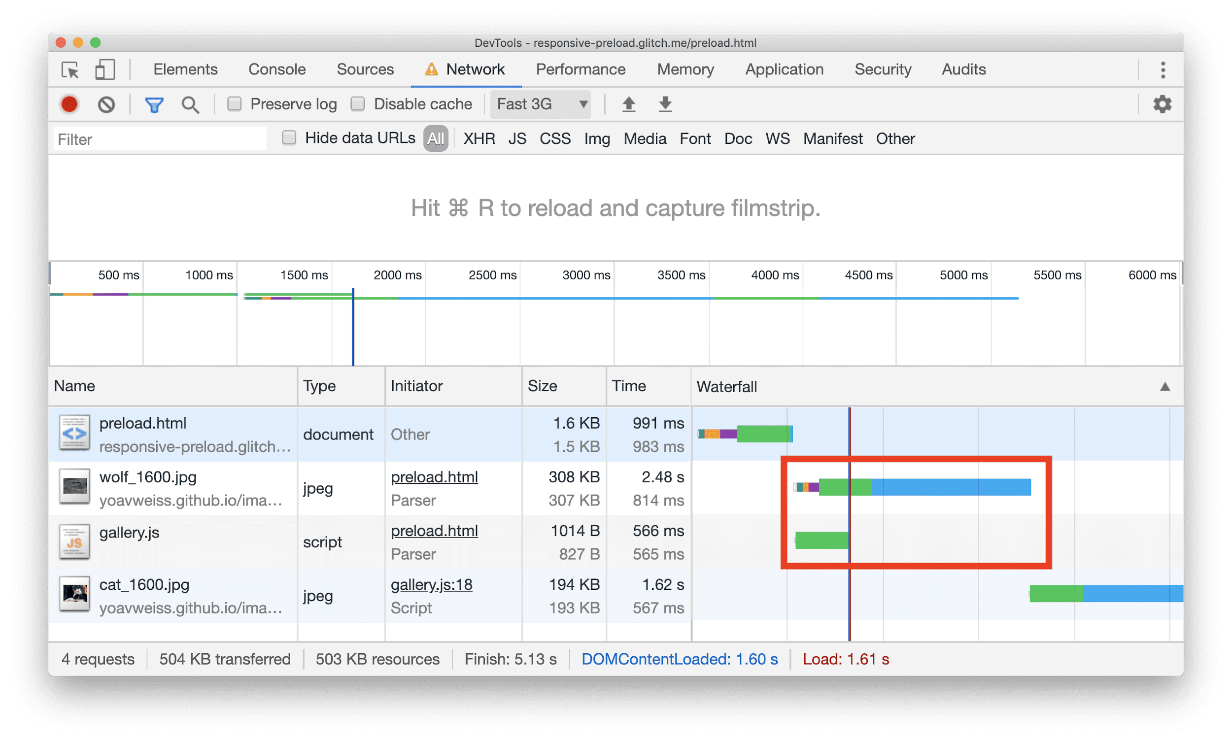 Bazı JavaScript'lere paralel olarak indirilen JPEG kaynağı içeren bir şelaleyi gösteren Chrome Geliştirici Araçları Ağ paneli.