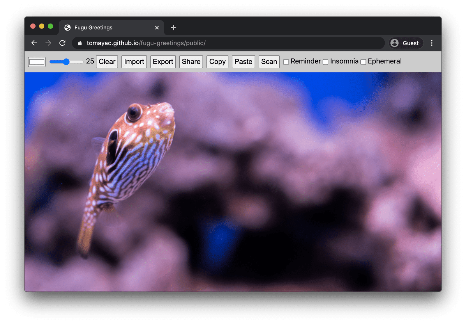 在 Chrome 電腦版上執行的 Fugu Greetings,顯示許多可用功能。