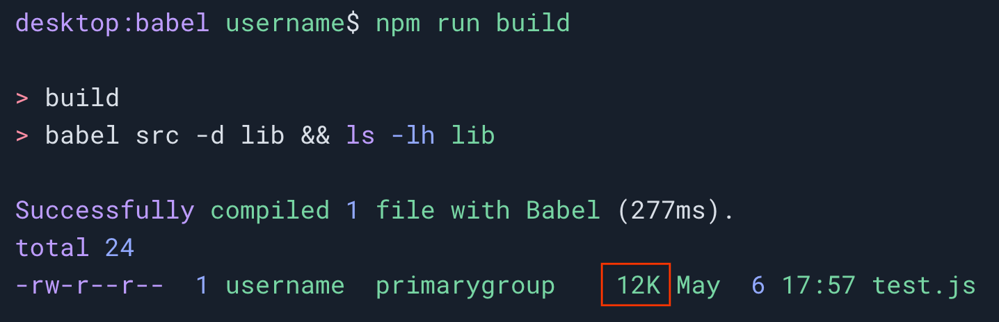 test.js라는 JavaScript 파일에서 npm run build 명령어가 실행되었음을 보여주는 터미널 세션  출력 파일 크기는 12KB입니다.