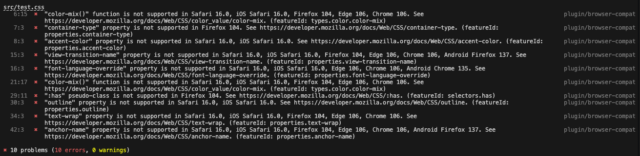 una lista de advertencias de Stylelint que destaca el código CSS que no funciona en navegadores más antiguos