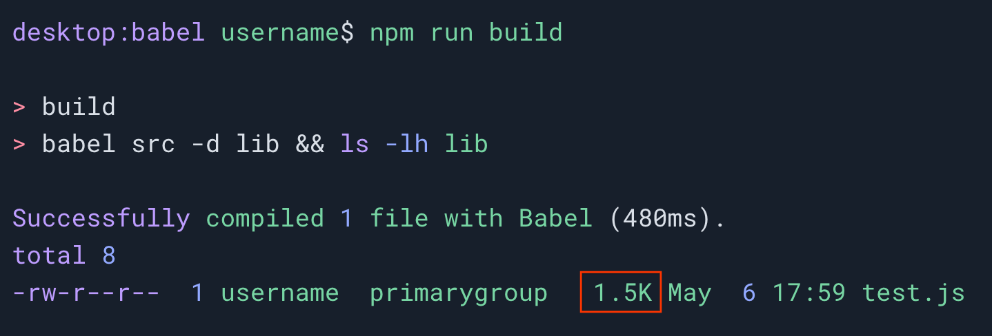 Una segunda sesión de la terminal que muestra que el comando npm run build ahora produjo un archivo de 1.5 kilobytes cuando babel se configuró para apuntar al modelo de referencia de 2020.